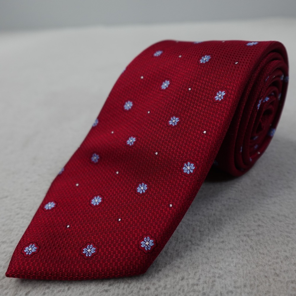 David Donahue Tie Mens Red Blue Floral 100% Silk Woven Italy Handmade USA